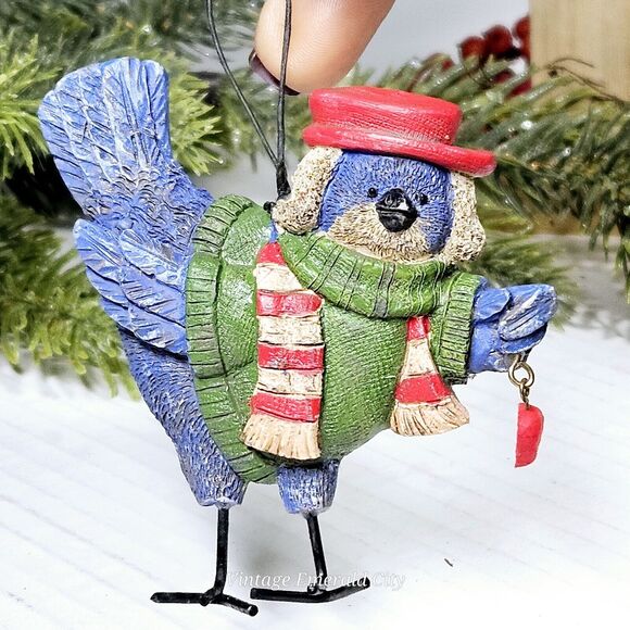 Vtg Resin Bluebird Blue Bird Blue Jay Holding Heart Christmas Tree Ornament 3" - Picture 7 of 8